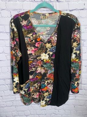 Parsley & Sage Arsty V-Neck Long Sleeve Top Floral & Bird Print Sz XL Lagenlook